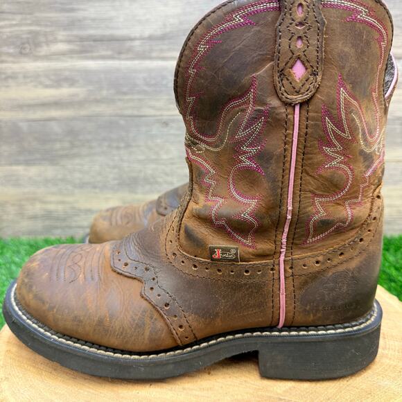 Justin Women - Size 9B - Gypsy Brown / Pink Steel Toe Cowboy Boots WKL9980 - Picture 6 of 10